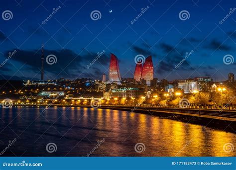 Night View of Baku with the Flame Towers Skyscrapers Stock Image ...