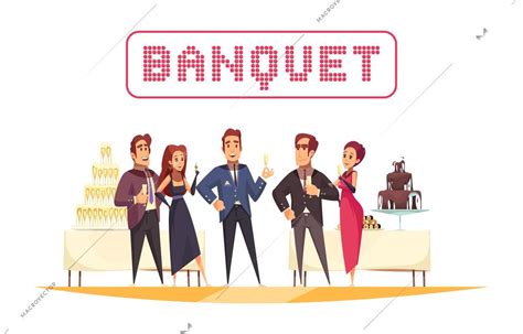 Banquet tables with food and drinks organizer and guests on white background cartoon vector ...