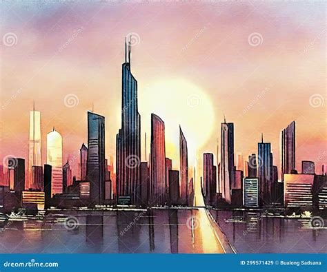 Watercolor of Cyberpunk Cityscape Skyline Stock Illustration ...