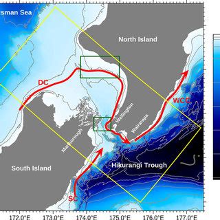 Maps of areas with ADCP data: A, Cook Strait Narrows showing the West ...