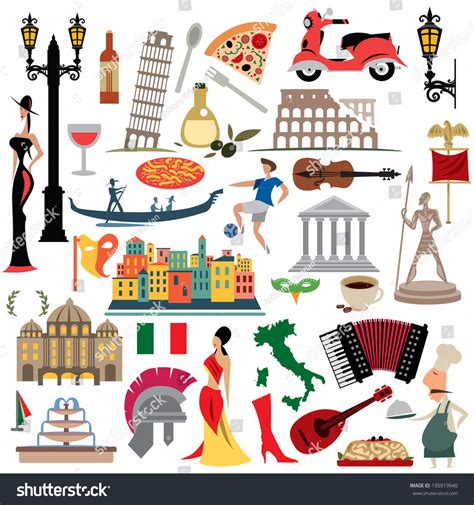 Italy Icons Collection, Illustration Set, Italian Flag (Vector Art ...