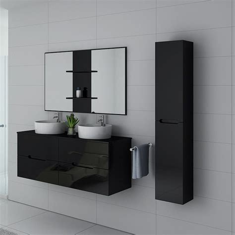 Meuble de salle de bain double vasque noir laqué, ensemble de salle de bain noir Rivalto