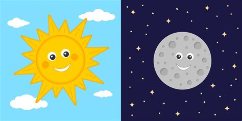 Day and night concept. Cute sun and moon characters. Sun on blue cloudy sky and moon on dark ...