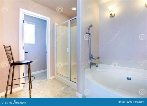 Refreshing Light Lavender Bathroom with White Bath Tub and Shower Stock Image - Image of ...