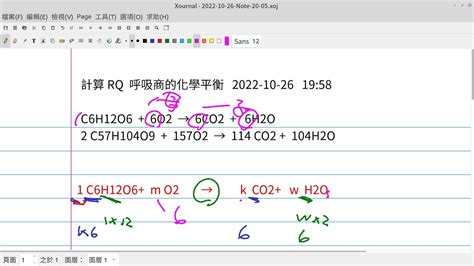 計算 RQ 葡萄糖與蓖麻油之呼吸商的化學式反應平衡計算 Balance the equations of glucose and castor oil for calculating the ...