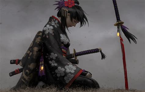 Wallpaper sadness, girl, decoration, pose, weapons, Japanese, art ...