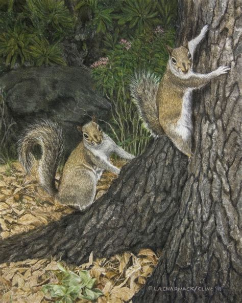 "Two Squirrels in a Tree"- Artist L.A. CLINE- Painting