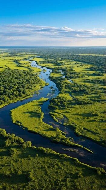 Premium AI Image | aerial view of river meander in the lush green ...