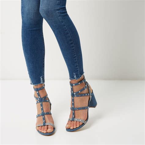 River Island Blue Denim Strappy Mid Heel Sandals - Lyst