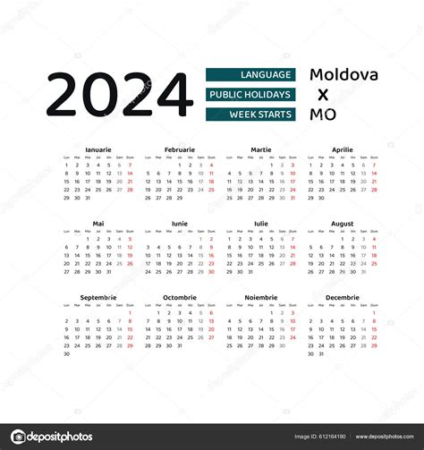 Moldova Calendar 2024 Semana Comienza Lunes Diseño Gráfico Vectorial Idioma vector, gráfico ...