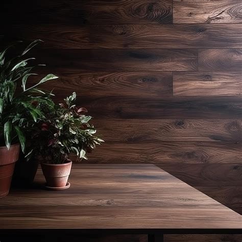 Premium Photo | Two plants on a wooden table with a wooden wall behind ...