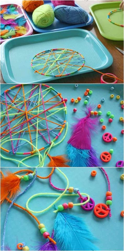 fabriquer-un-attrape-reve-decoration-ficelle-coloree-perles-plumes Crafts For Kids, Crochet ...