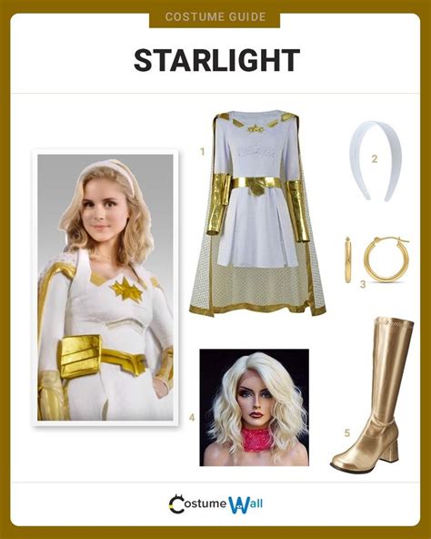 the costume guide for starlight is shown in gold and white, as well as an outfit