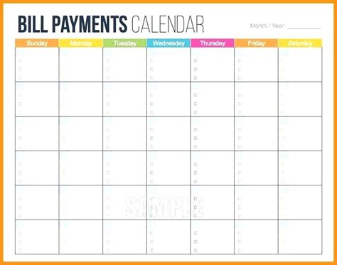 Printable Monthly Bill Payment Calendar