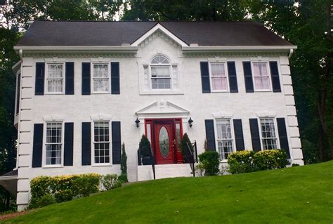 Colonial Revival, White House, Black Shutters, Red Door | Colonial house, House exterior ...