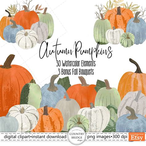 Pumpkin Clip Art, Watercolor Fall Clipart, Fall Pumpkins, Gourds ...