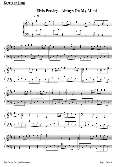 Always on My Mind-Elvis Presley Stave Preview 1-Free Piano Sheet Music & Piano Chords | Piano ...