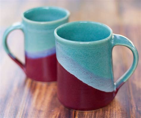 Large Handmade Ceramic Mugs Two toned colored Aqua and