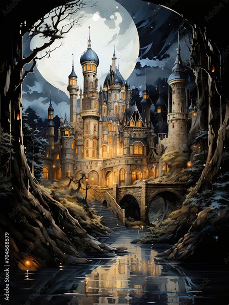 Children's Picture Book Illustration of an Enchanted Castle by Moonlight Stock Illustration ...