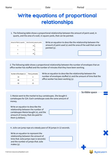 Write Equations Of Proportional Relationships Worksheets [PDF] (7.RP.A ...