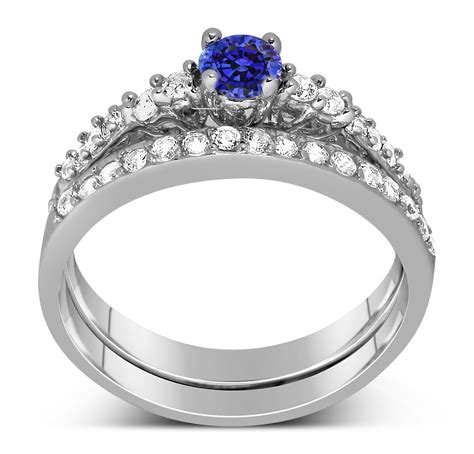 1.50 Carat Vintage Round cut Blue Sapphire and Diamond Wedding Ring Set in White Gold - JeenJewels