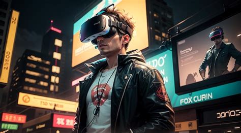 Premium AI Image | a men wearing a VR box headset surrounded by neon lights