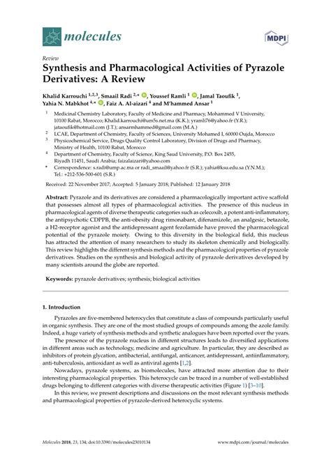 (PDF) Synthesis and Pharmacological Activities of Pyrazole Derivatives: A Review