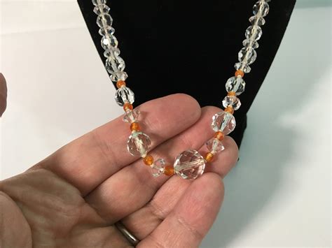 Vintage Graduated Crystal Bead Necklace - Faceted Glass Beads - 24 Long Necklace Clear w/ Orange ...