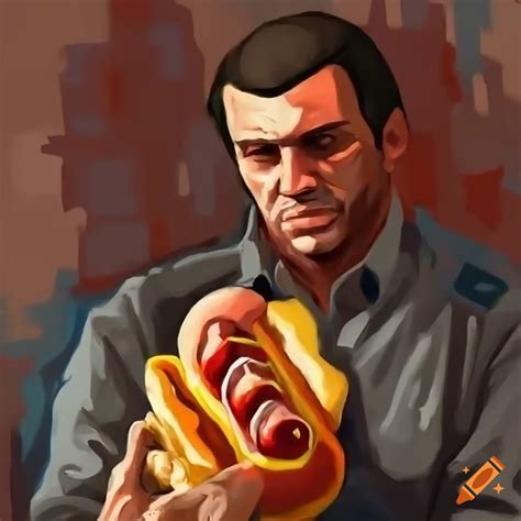 Niko from gta iv with a hot dog on Craiyon