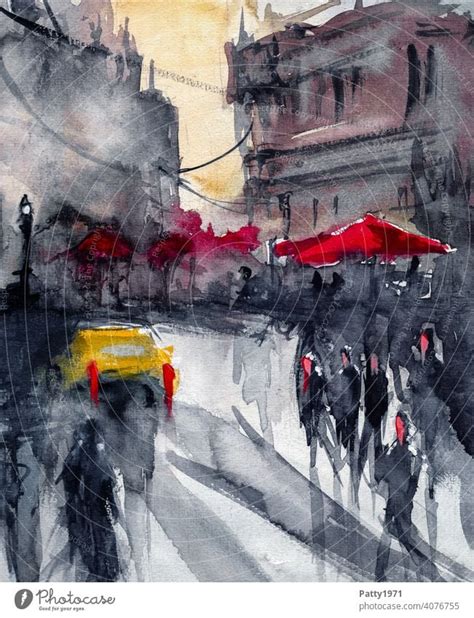 Abstract watercolor - street cafe with red parasols, car and people - a ...