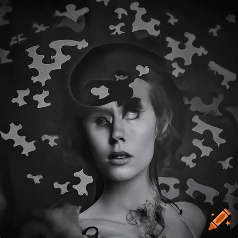 Artwork of a woman surrounded by floating puzzle pieces
