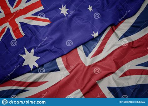 Waving Colorful Flag of Great Britain and National Flag of Australia Stock Image - Image of flag ...