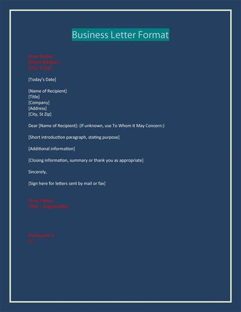 the business letter format is shown in blue
