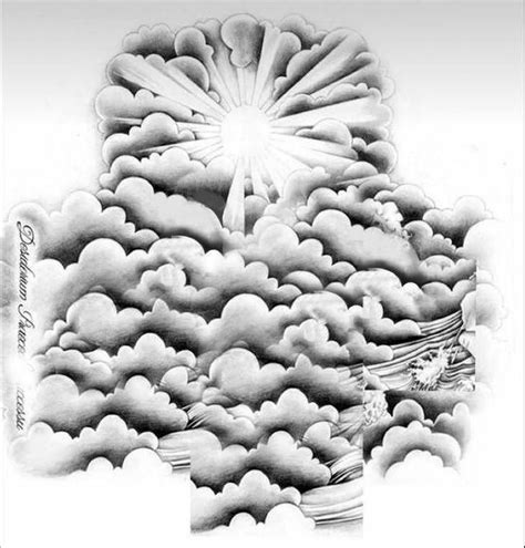 a drawing of clouds with the sun above them