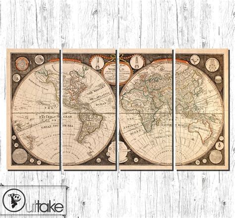 Canvas Art antique world wall map LARGE fabric on 4 panels