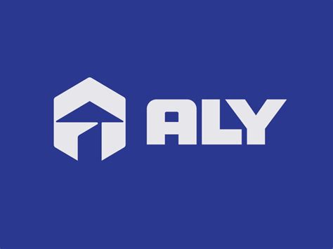 the aly logo on a blue background with an arrow pointing up to it's left