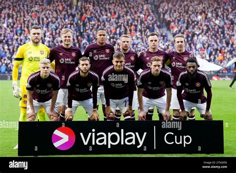 Heart of Midlothian players pose for a team photo ahead of the Viaplay ...