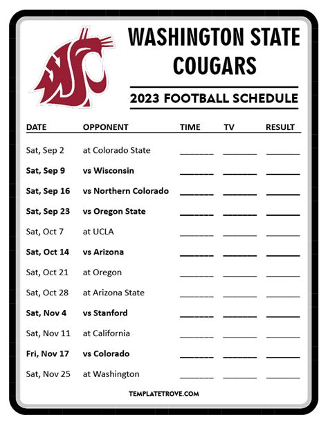 Printable 2023 Washington State Cougars Football Schedule