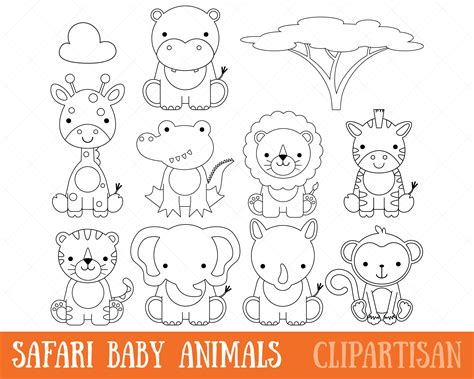 Safari Baby Animals Clipart / Digital Stamps / Coloring Page | Etsy