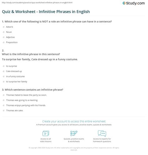 Quiz & Worksheet - Infinitive Phrases in English | Study.com