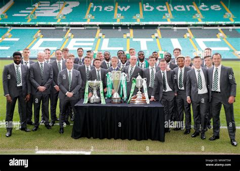 Celtic pose with this seasons trophies after the parade at Celtic Park, Glasgow Stock Photo - Alamy