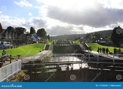 Kaledonischer, Caledonian Canal with Ships and Watergate, in Scottish Highlands at Loch Ness ...