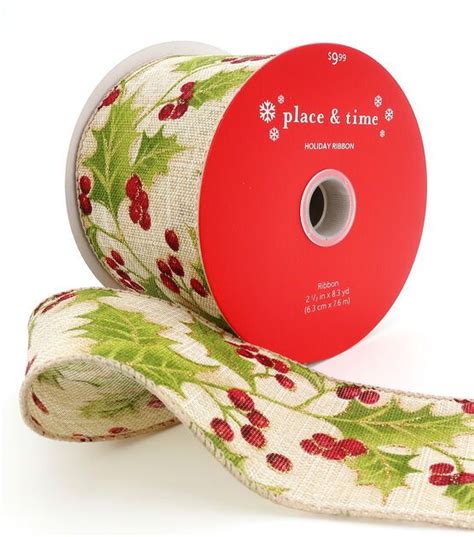 Place & Time Christmas Ribbon 2.5in - Holly on Natural | JOANN | Christmas ribbon, Joann, Joanns ...