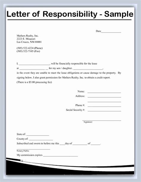 Letter Of Responsibility Template