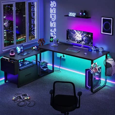 L SHAPED REVERSIBLE Office Desk with File Drawer LED Gaming Desk Computer Table $149.95 - PicClick