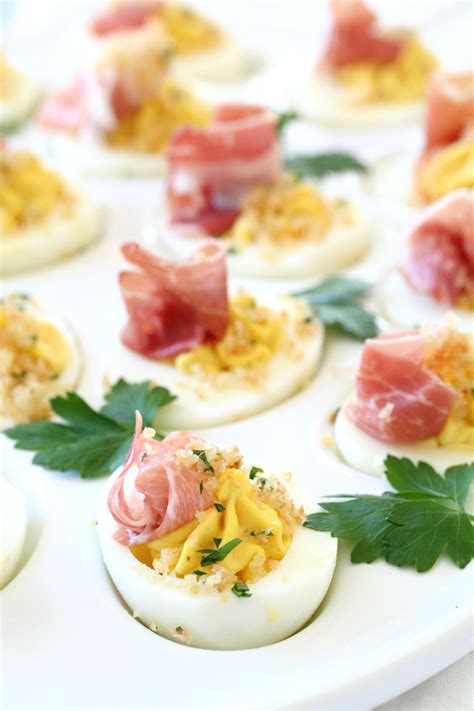 Prosciutto Topped Deviled Eggs with Toasted Panko | Dash of Savory