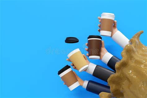 Hand Holding Paper Coffee Cup with Blank Labels Over Coffee Liquid Splash, Mock Up, 3D Rendering ...