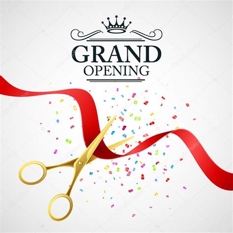 Grand opening illustration with red ribbon and gold scissors Stock ...