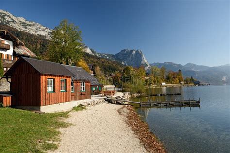 View of the Lake Grundlsee in the Early Autumn Morning. Village ...