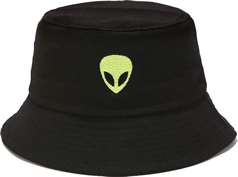 Malaxlx Cute Alien Embroidered Black Bucket Hat Beach Sun Hat Aesthetic Fishing Hat for Women ...